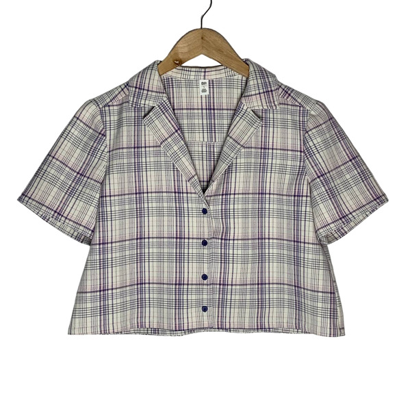 BP. | Women | Purple Ivory Veronika Plaid Crop Camp Button Front Top | Small - Picture 1 of 9